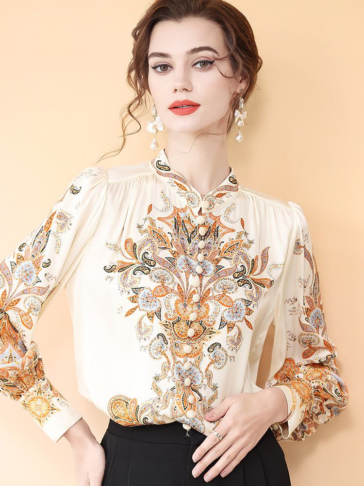 Women's Vintage Bohemian Print Cream Lantern Sleeve Silk Blouse Top