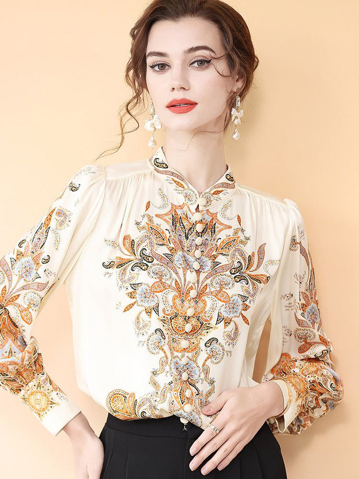 Women's Vintage Bohemian Print Cream Lantern Sleeve Silk Blouse Top