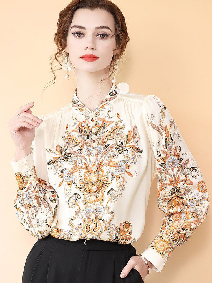 Women's Vintage Bohemian Print Cream Lantern Sleeve Silk Blouse Top