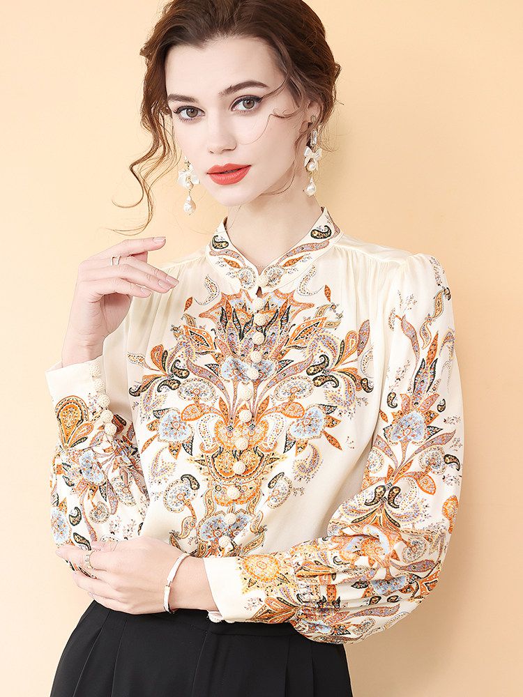 Women's Vintage Bohemian Print Cream Lantern Sleeve Silk Blouse Top