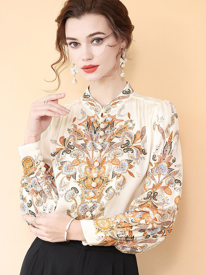 Women's Vintage Bohemian Print Cream Lantern Sleeve Silk Blouse Top