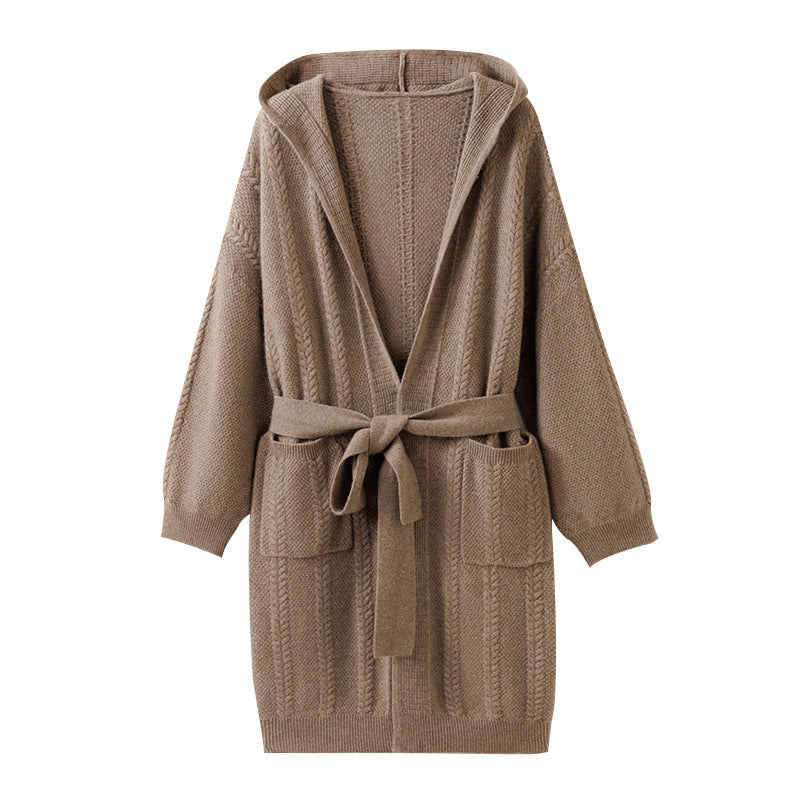 Womens Cable-Knit Hooded Cashmere Long Cardigan With Belt CP020