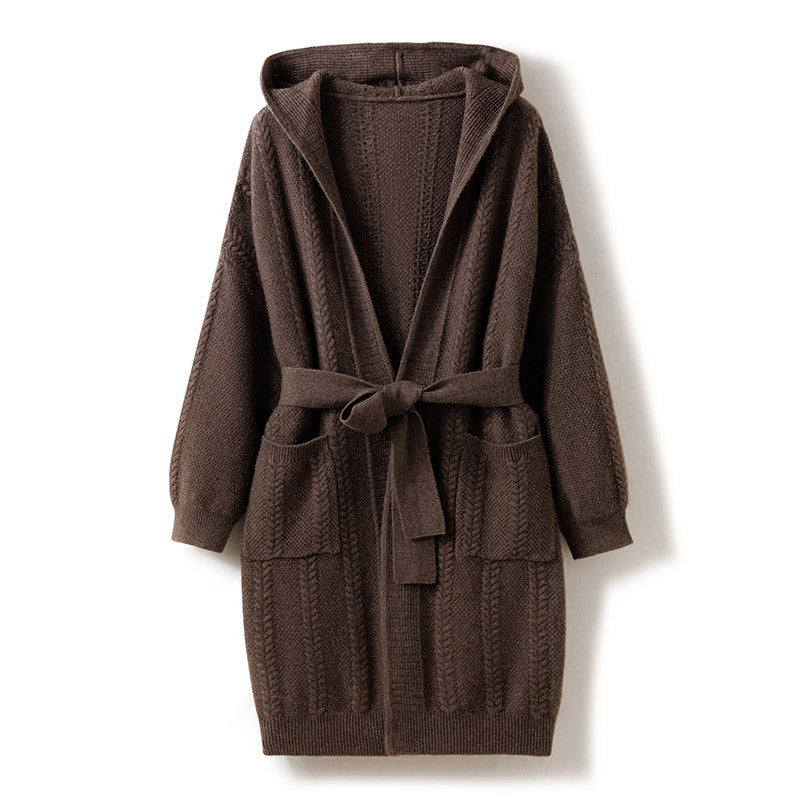 Womens Cable-Knit Hooded Cashmere Long Cardigan With Belt CP020