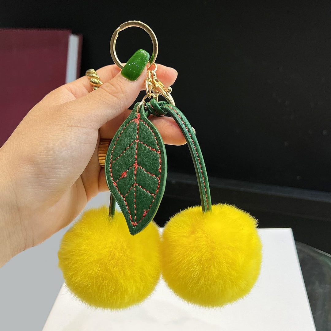 Rabbit Fur Cherry Keychain Cute Pom Pom Plush Bag Car Charm