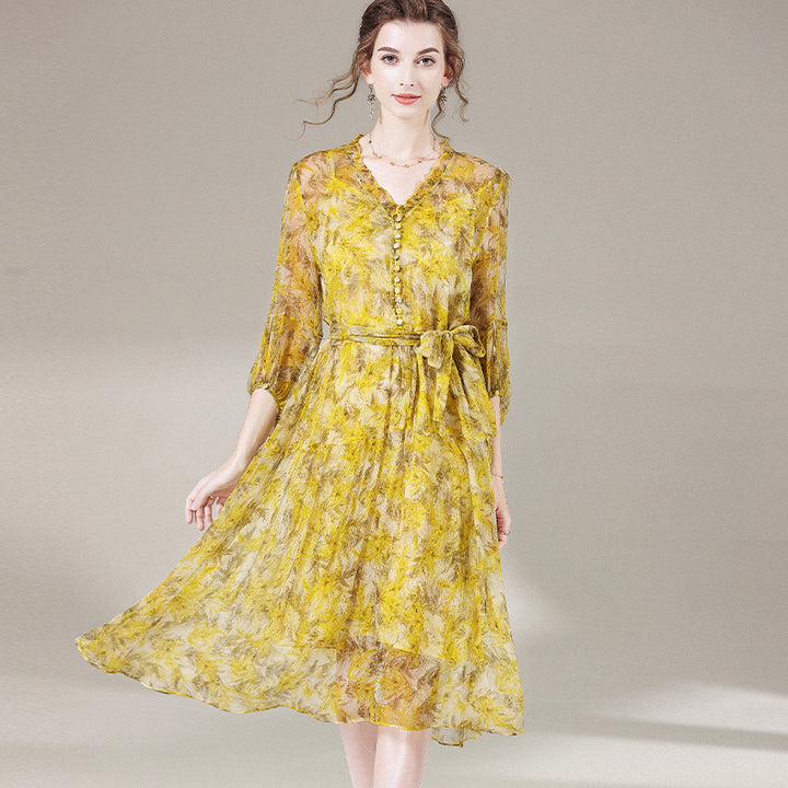 Yellow Floral Knee Length V Neck Mulberry Silk Beach Dress SD050