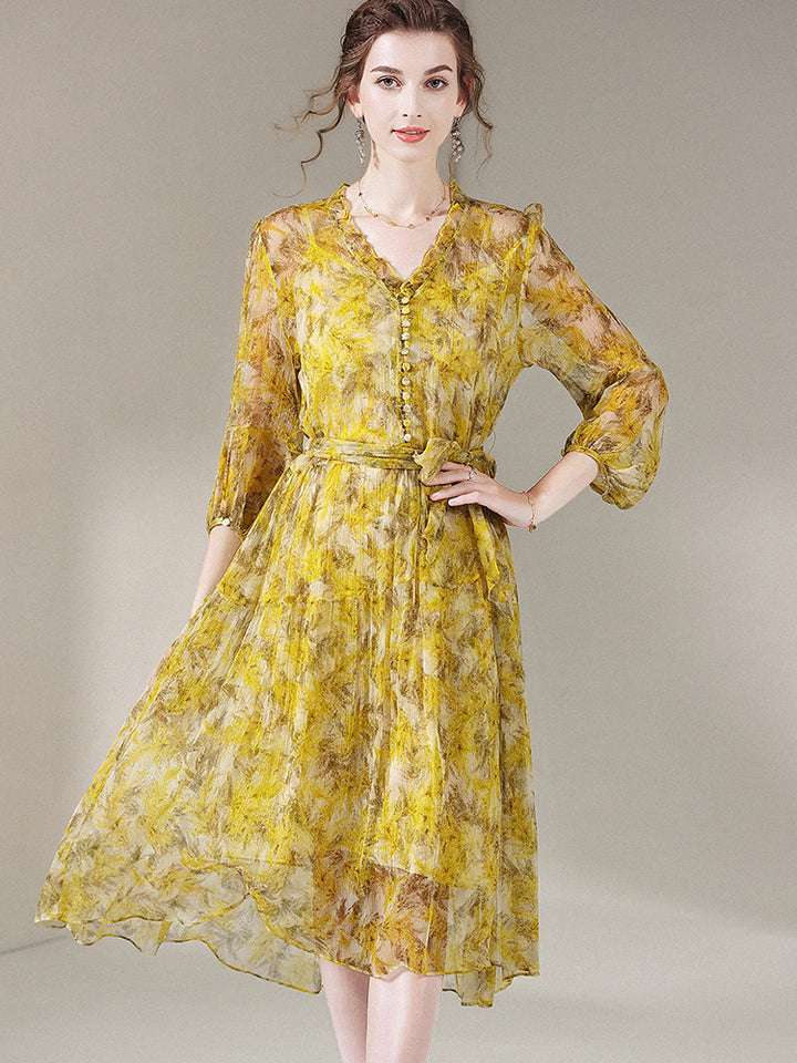 Yellow Floral Knee Length V Neck Mulberry Silk Beach Dress SD050