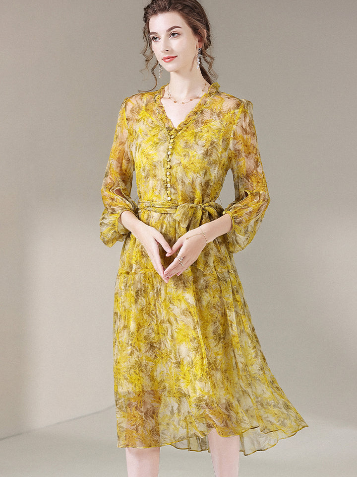 Yellow Floral Knee Length V Neck Mulberry Silk Beach Dress SD050