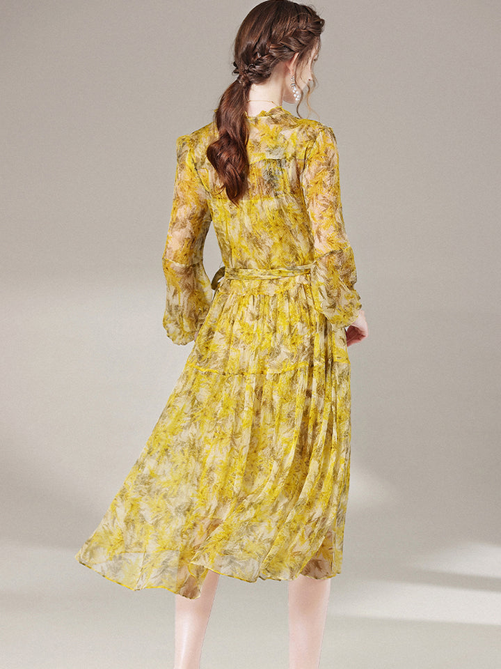 Yellow Floral Knee Length V Neck Mulberry Silk Beach Dress SD050