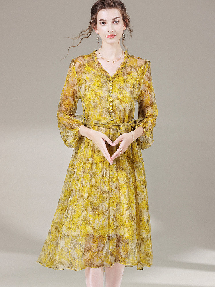 Yellow Floral Knee Length V Neck Mulberry Silk Beach Dress SD050