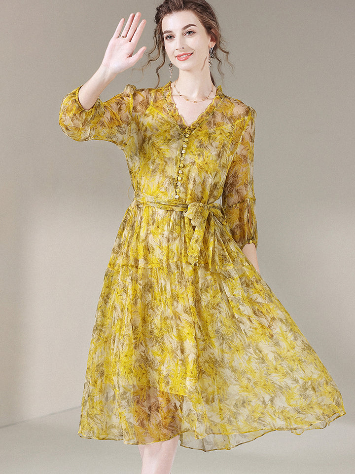 Yellow Floral Knee Length V Neck Mulberry Silk Beach Dress SD050