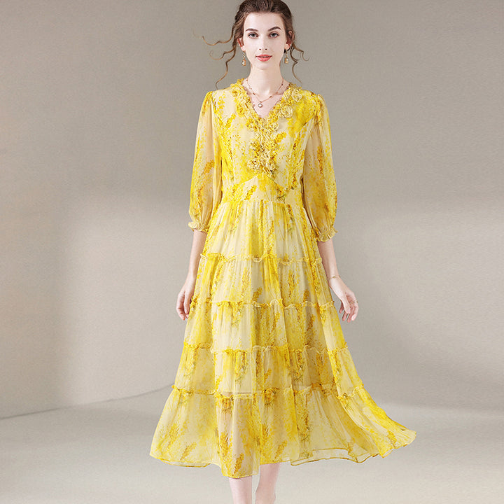 Yellow Floral V Neck Long Mulberry Silk Maxi Beach Dress SD052