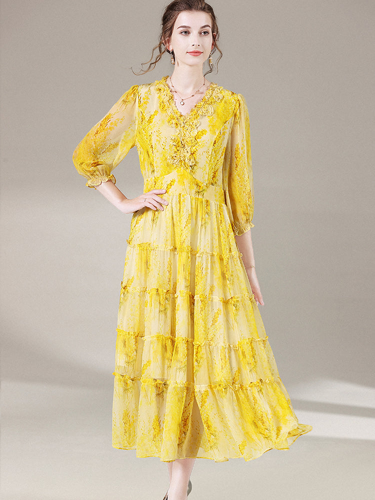 Yellow Floral V Neck Long Mulberry Silk Maxi Beach Dress SD052