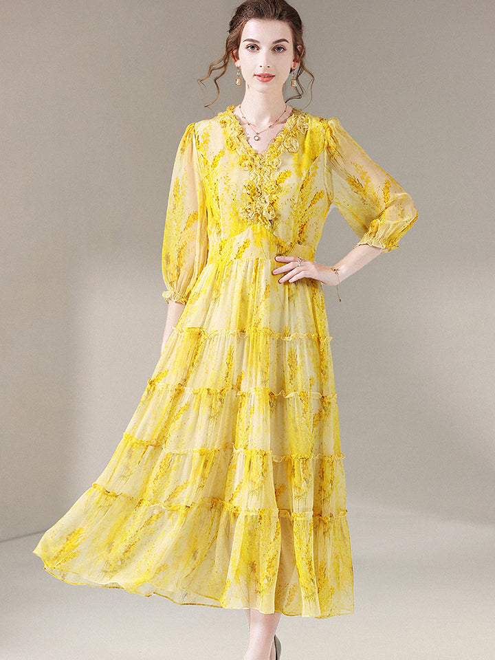 Yellow Floral V Neck Long Mulberry Silk Maxi Beach Dress SD052