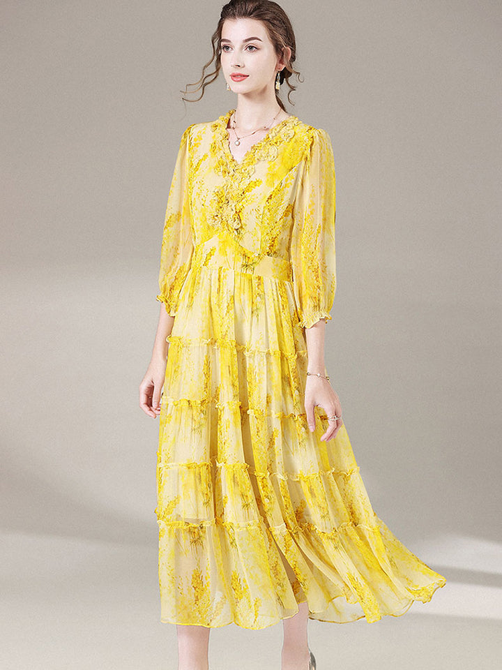 Yellow Floral V Neck Long Mulberry Silk Maxi Beach Dress SD052