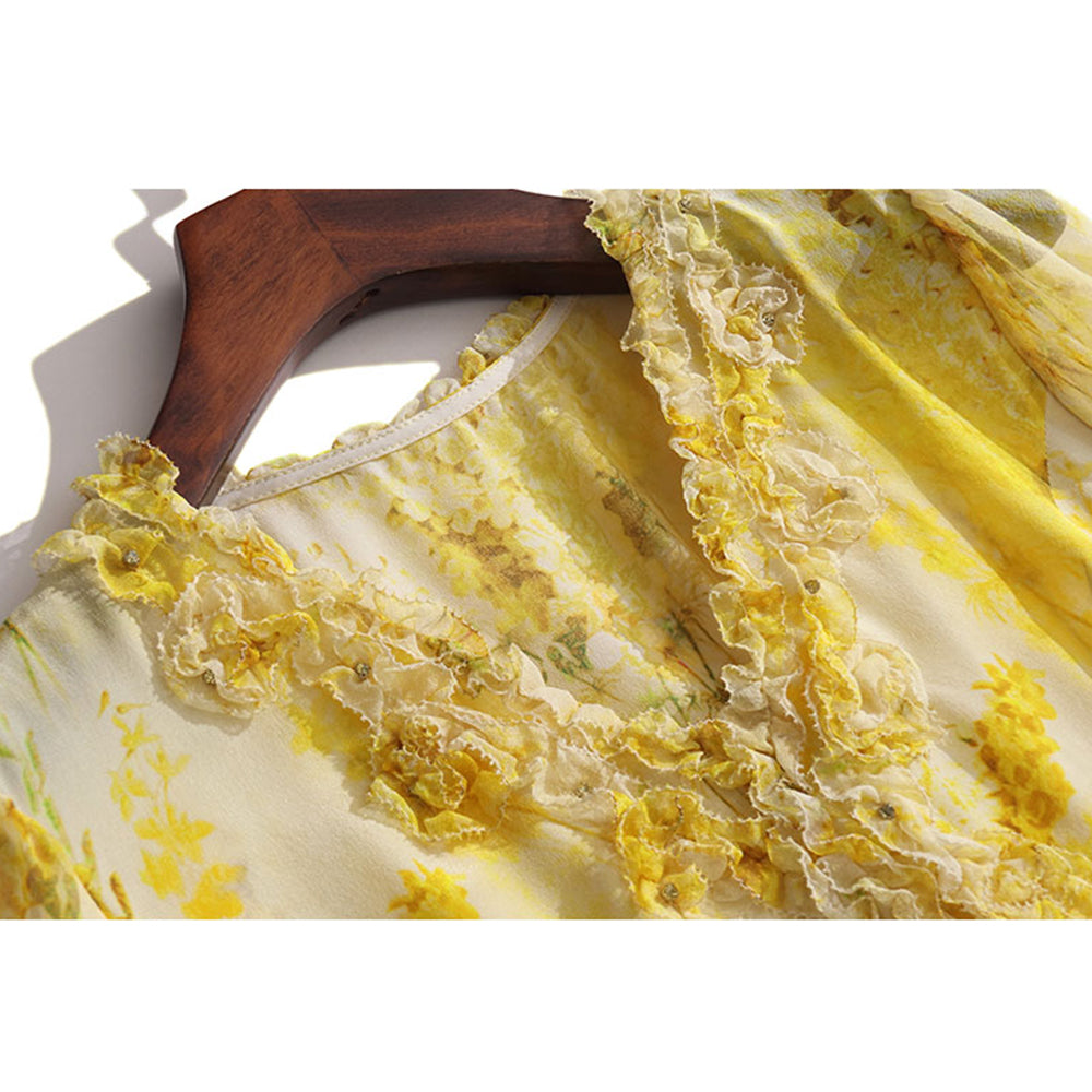 Yellow Floral V Neck Long Mulberry Silk Maxi Beach Dress SD052