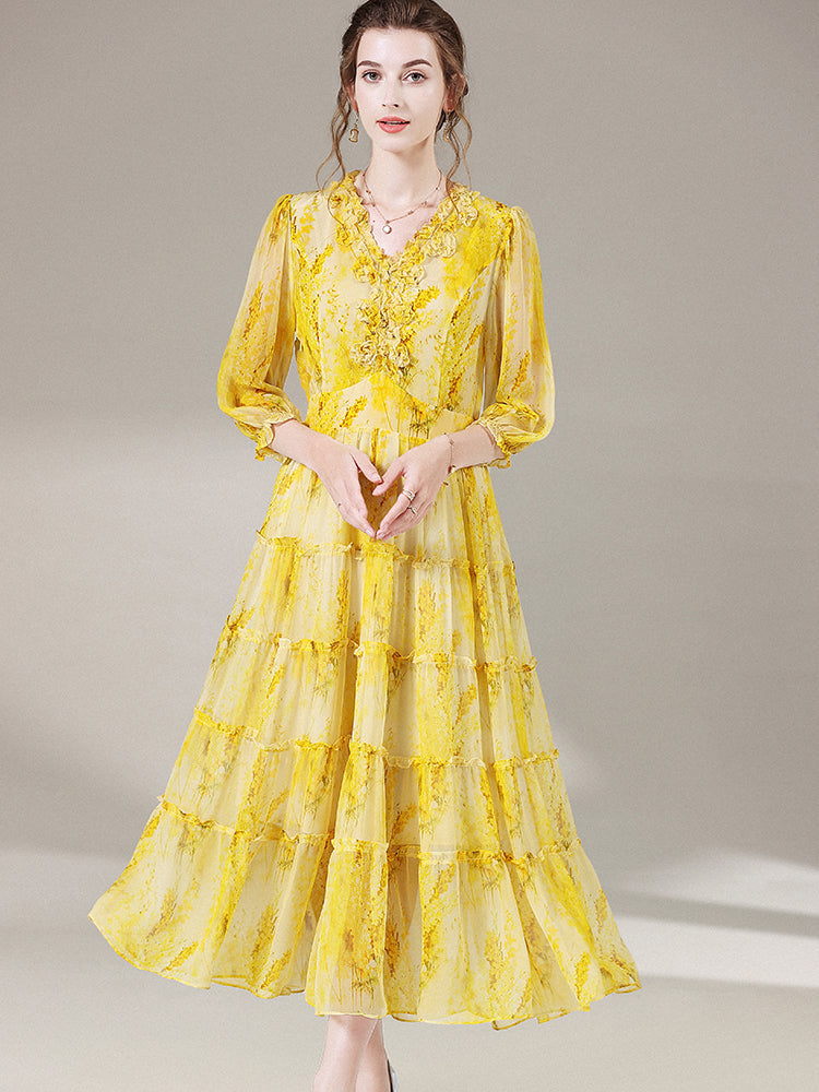 Yellow Floral V Neck Long Mulberry Silk Maxi Beach Dress SD052