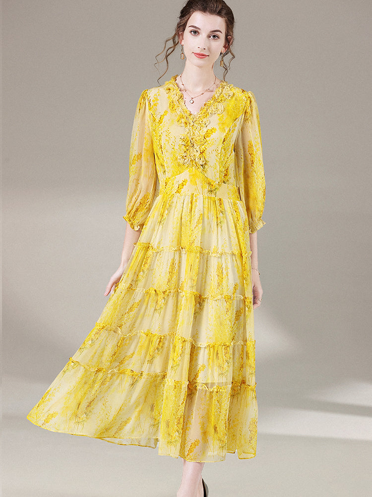 Yellow Floral V Neck Long Mulberry Silk Maxi Beach Dress SD052