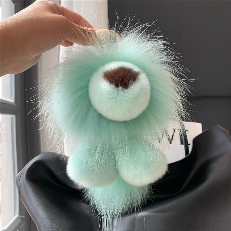 Real Fur Lion Keychain Handmade Fluffy Animal Bag Charm Luxury Fur Pom Pom Key Ring