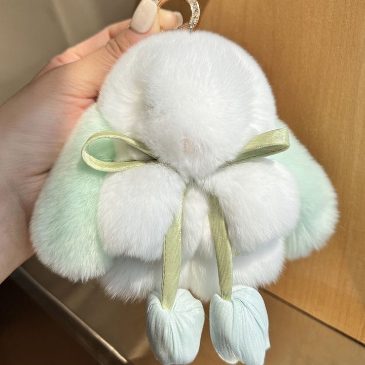 Cute Bunny Rabbit Fur Keychain with Tulip Charm Soft Plush Rabbit Bag Charm Key Ring Accessory