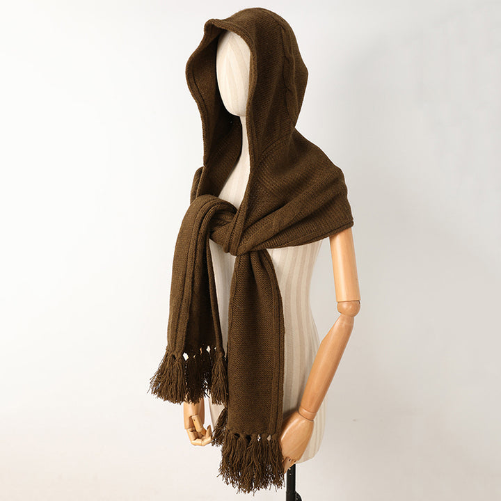 Cashmere Hooded Cable Knit Long Scarf with Fringe