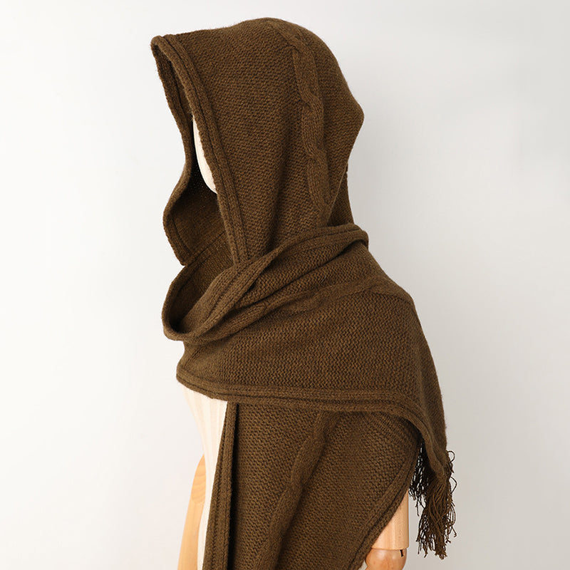 Cashmere Hooded Cable Knit Long Scarf with Fringe