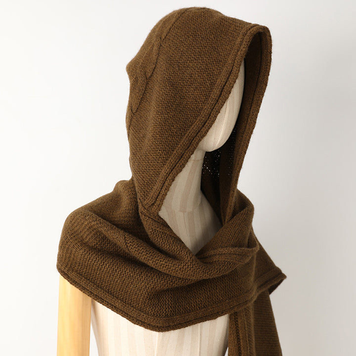 Cashmere Hooded Cable Knit Long Scarf with Fringe