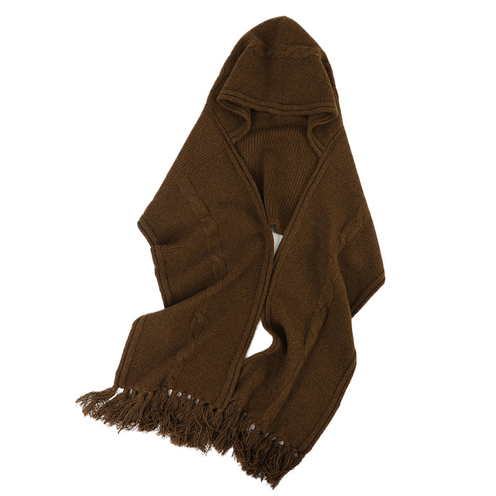 Cashmere Hooded Cable Knit Long Scarf with Fringe