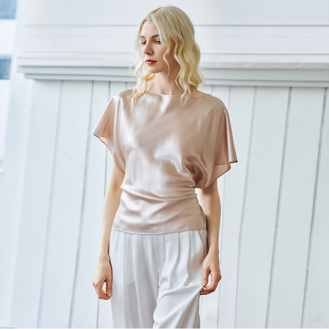 Elegant Self-Tie Batwing Sleeve Mulberry Silk Blouse Top