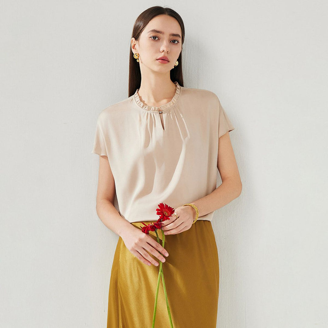 22 Momme Ruffled Stand Collar Women's Short Sleeve Mulberry Silk Shirt