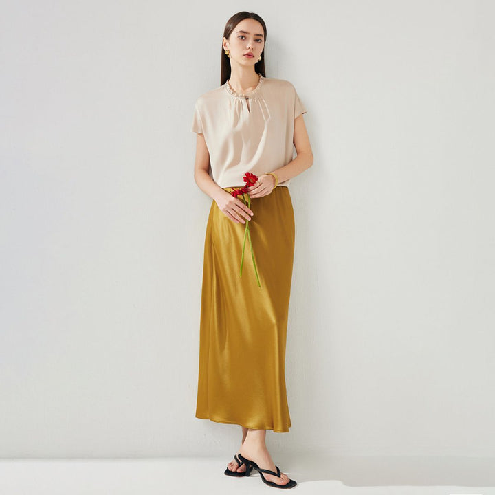 22 Momme Ruffled Stand Collar Women's Short Sleeve Mulberry Silk Shirt