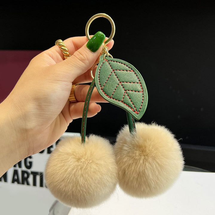 Rabbit Fur Cherry Keychain Cute Pom Pom Plush Bag Car Charm