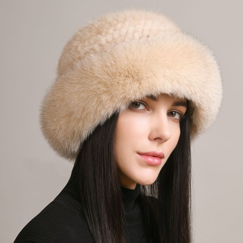 Luxury Mink Fur Hat for Women Full Fox Fur Brim Winter Bucket Hat