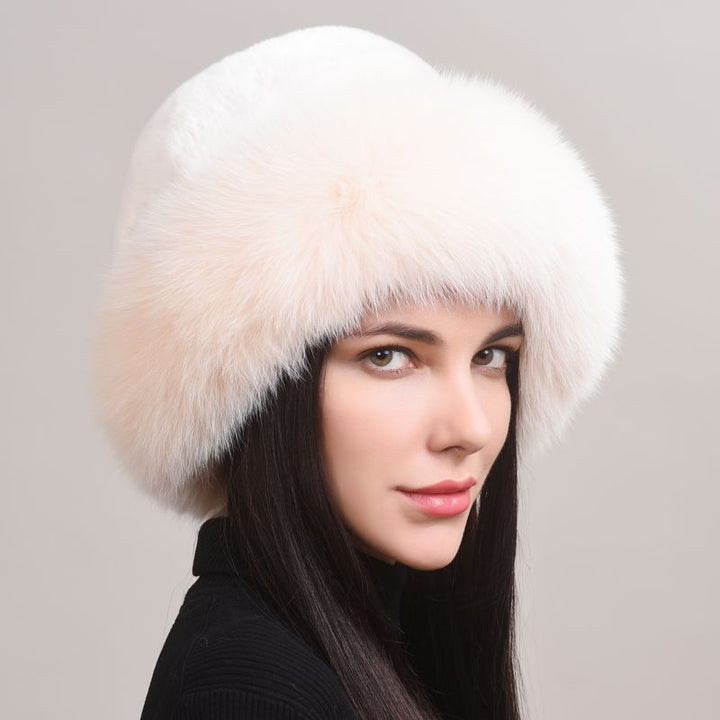 Rabbit Fur Hat with Full Fox Fur Brim Soft Winter Cold Wheather Bucket Hat for Women