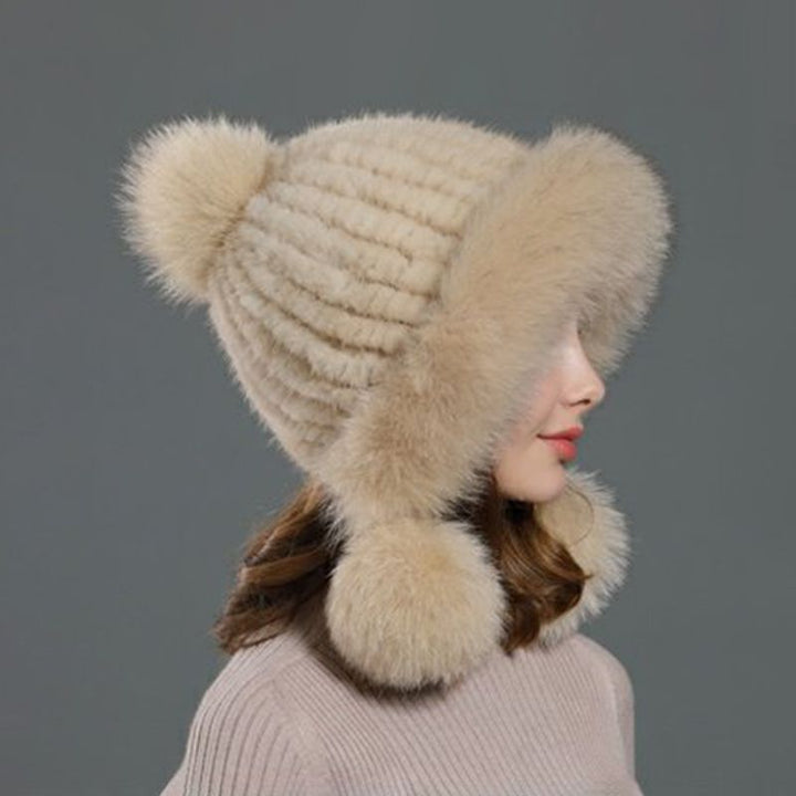 Luxury Real Mink Fur Hat with Fox Fur Trim Women Winter Knit Beanie with Pom-Pom Ear Flaps