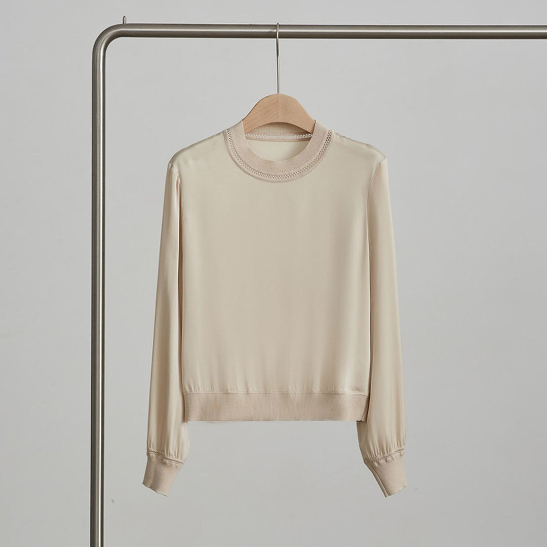 Women’s Long Sleeve Ribbed Crew Neck Mulberry Silk Blouse