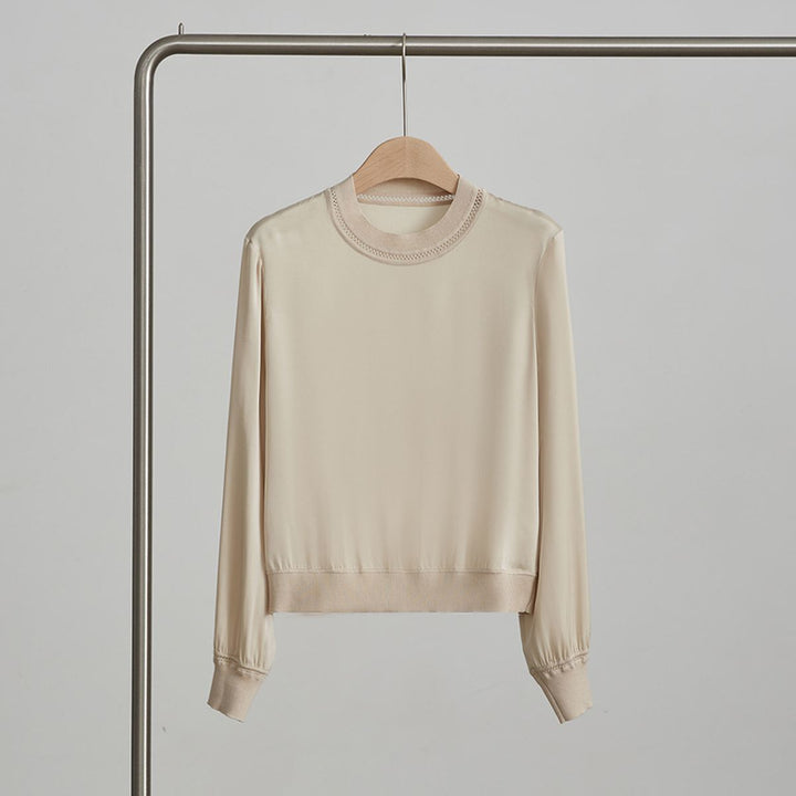 Women’s Long Sleeve Ribbed Crew Neck Mulberry Silk Blouse