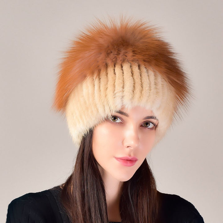 Mink Fur Knitted Winter Hat for Women with Multi-Colored Fluffy Fox Fur Crown and Pom-Poms