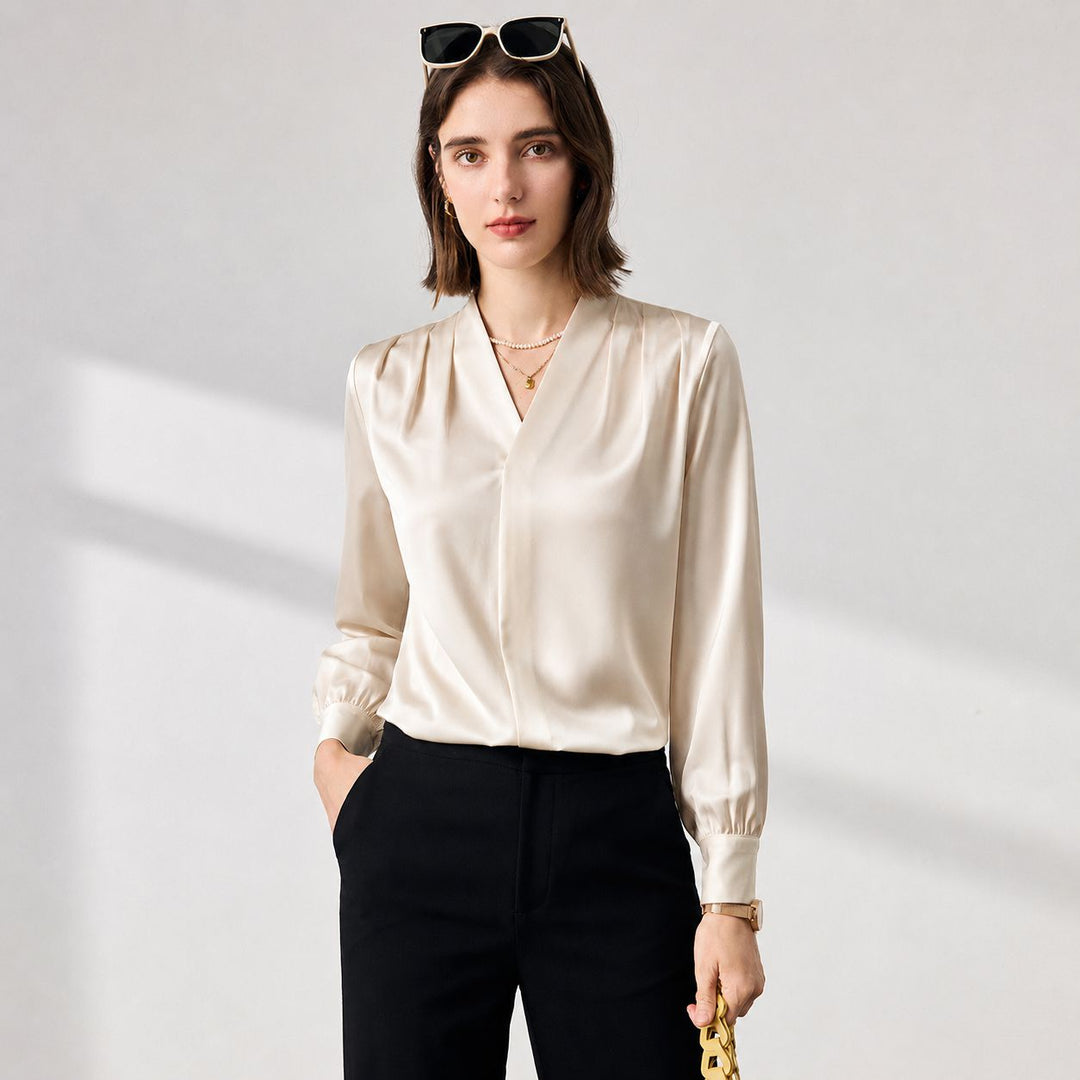 22 Momme Women's V-Neck Draped Front Long Sleeve Silk Blouse
