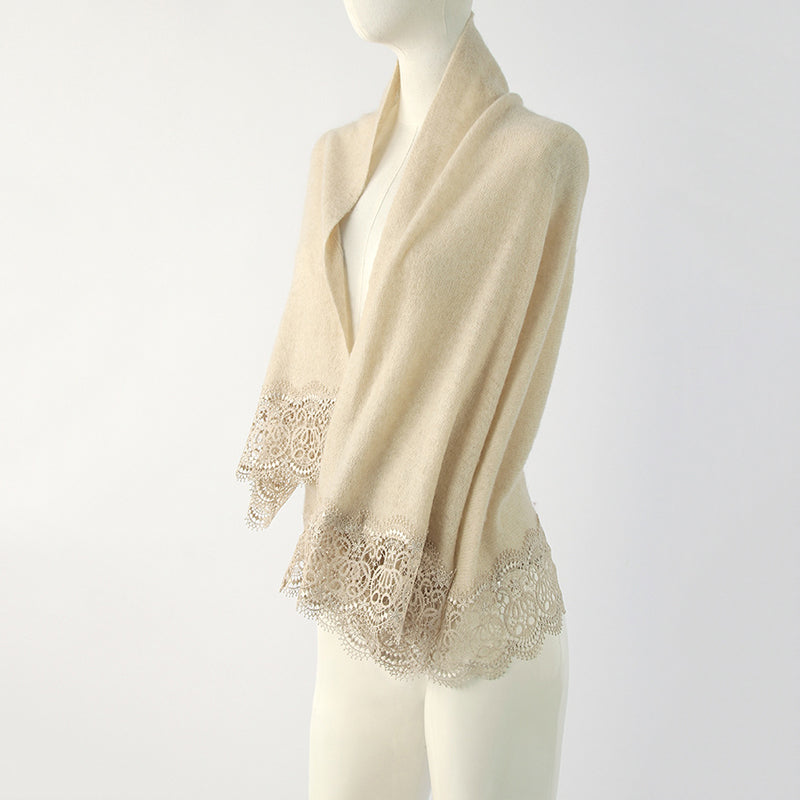 Elegant Lace Trim Soft Cashmere Shawl Wrap