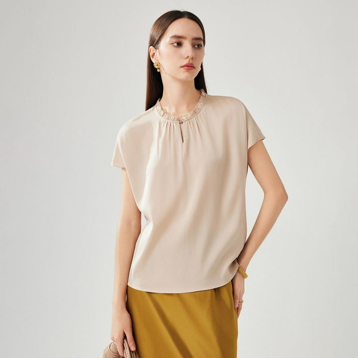22 Momme Ruffled Stand Collar Women's Short Sleeve Mulberry Silk Shirt