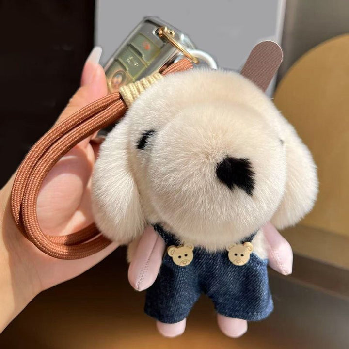 Cute Plush Puppy Fur Bag Charm Soft Real Rabbit Fur Furry Dog Keychain