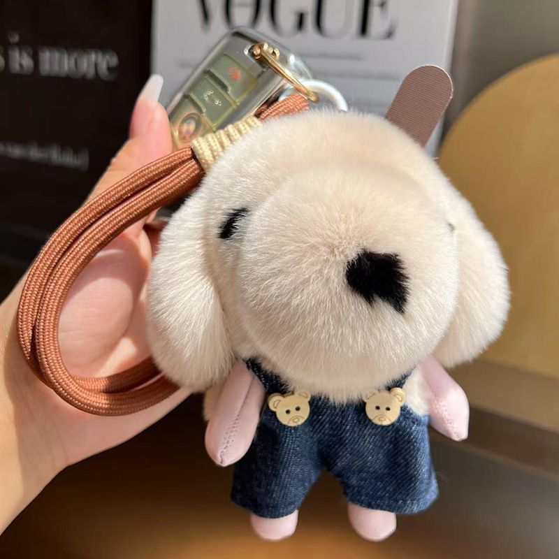 Cute Plush Puppy Fur Bag Charm Soft Real Rabbit Fur Furry Dog Keychain