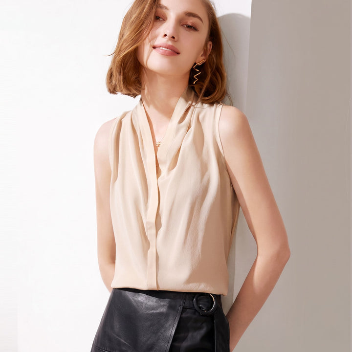 Women’s Sleeveless Draped V-Neck Mulberry Silk Blouse Top