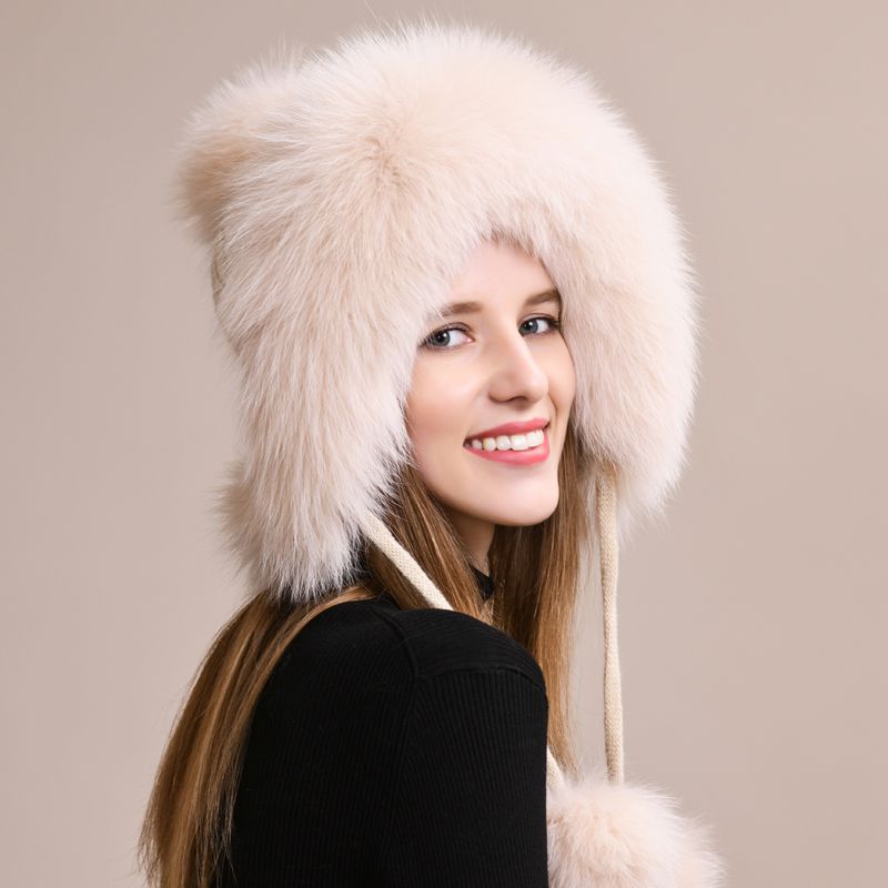 Luxury Real Fox Fur Pom Pom Hat Women Winter Knitted Trapper Hat with Full Fur Trim