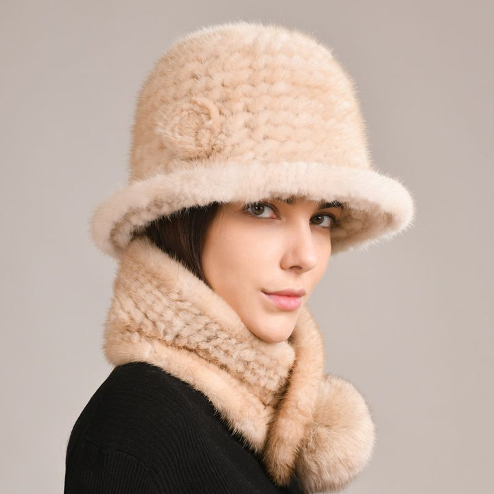 Luxury Mink Fur Hat and Scarf Set for Women Elegant Winter Bucket Hat with Matching Fur Neck Pom-Pom Warmer