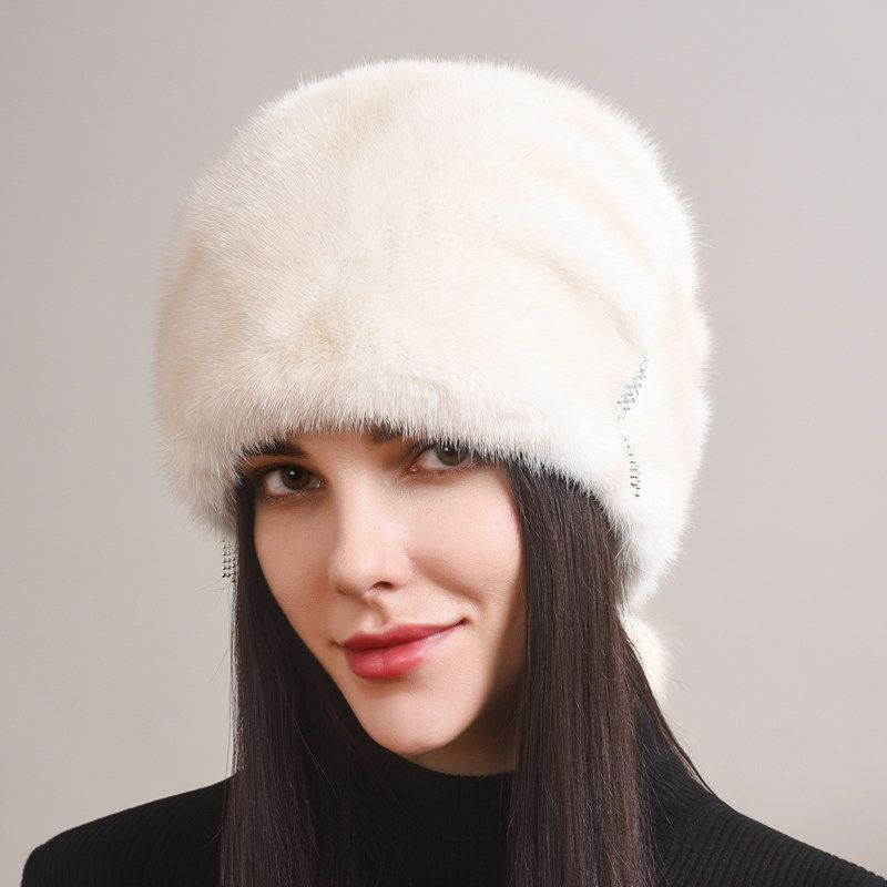 Tiger Printed Luxury Real Mink Fur Hat for Women Winter Slouchy Fur Beanie Beret Hat with Pom-Pom