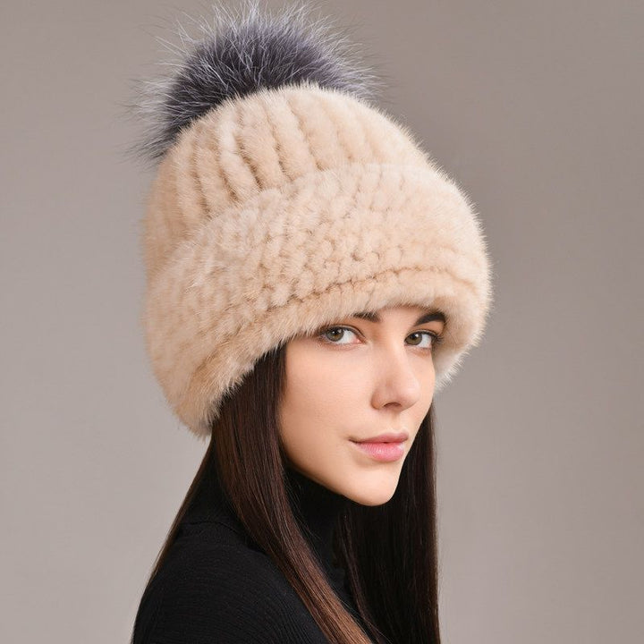 Luxury Real Mink Fur Beanie Hat with Fox Fur Pom-Pom Elegant Winter Knitted Hat for Women