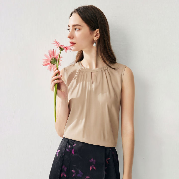 Round Keyhole Neck Sleeveless Mulberry Silk Tank Top for Women