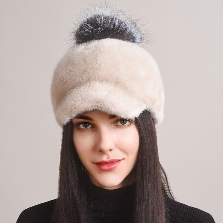 Real Mink Fur Hat with Fox Fur Pom-Pom Women's Luxury Winter Fur Baseball-Style Cap for Cold Weather