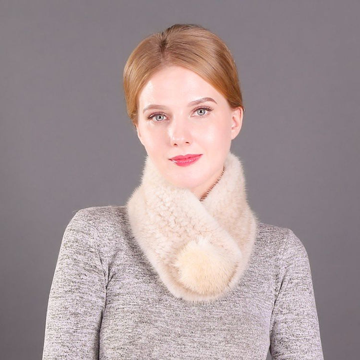 Women's Real Mink Fur Scarf with Fox Fur Pom-Pom Soft Luxury Winter Neck Warmer Lightweight & Elegant Collar Wrap